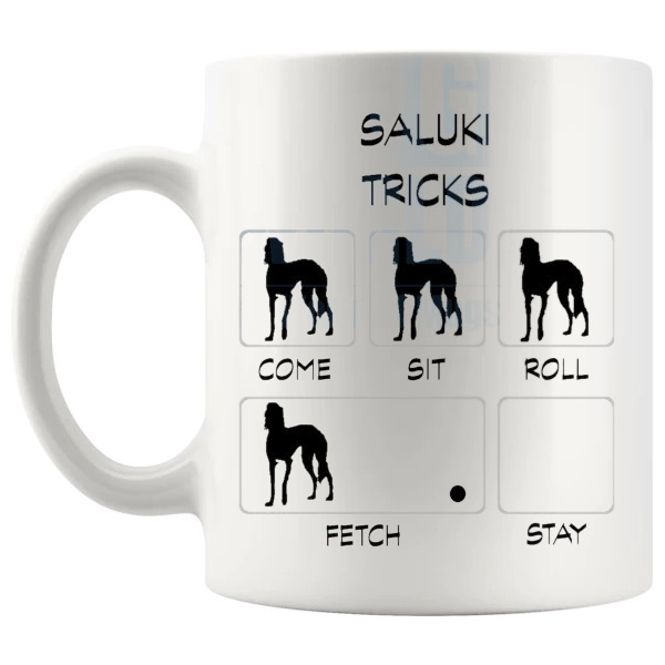 Saluki Tricks Mug funny dog breed gift for Saluki owners shown with handle on the left