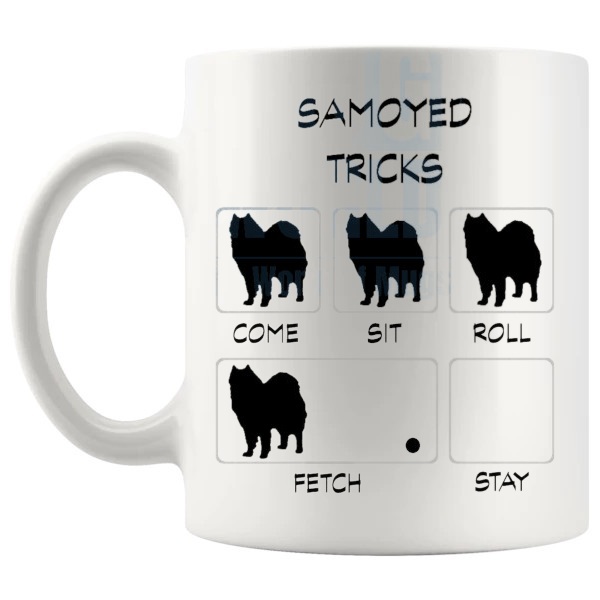 Samoyed Tricks Mug funny dog breed gift for Samoyed owners shown with handle on the left