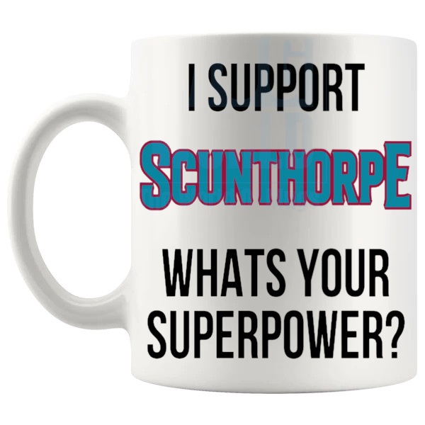 Scunthorpe Fans Superpower Mug unofficial football supporter gift for Scunthorpe fans shown with handle on the left