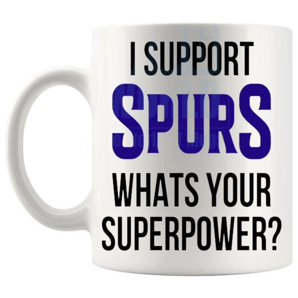 Spurs Fans Superpower Mug unofficial football supporter gift for Spurs fans shown with handle on the left