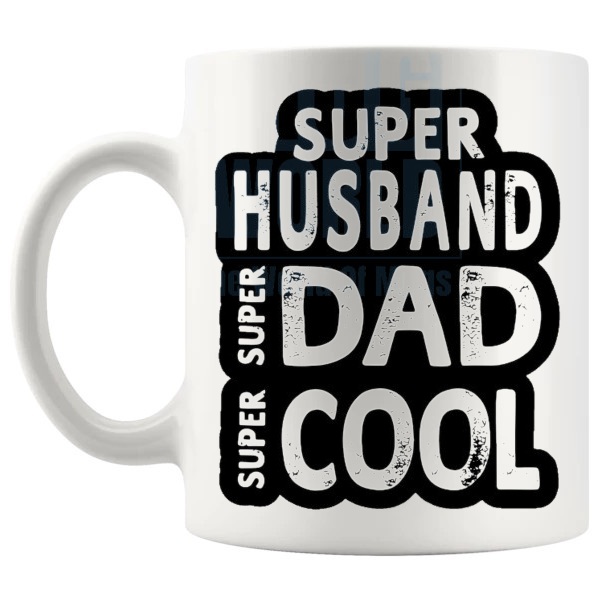 Super Husband Mug husband and dad gift shown with handle on the left