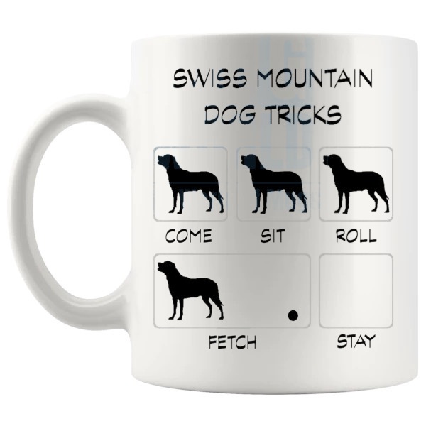 Swiss Mountain Dog Tricks Mug funny dog breed gift for Swiss Mountain Dog owners shown with handle on the left