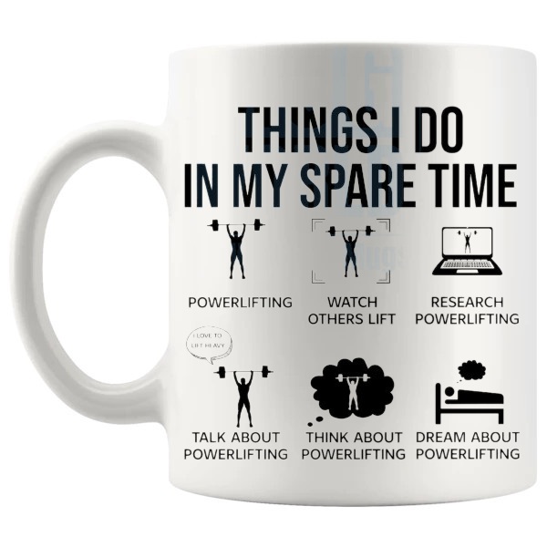 Things I Do In My Spare Time Gym Mug shown with handle on the left
