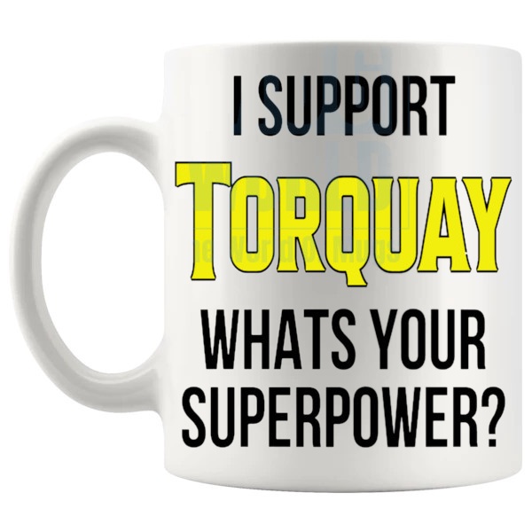 Torquay Fans Superpower Mug unofficial football supporter gift for Torquay fans shown with handle on the left