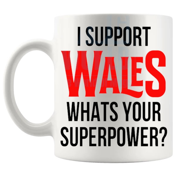 Wales Supporter Superpower Mug unofficial football fan gift shown with handle on the left