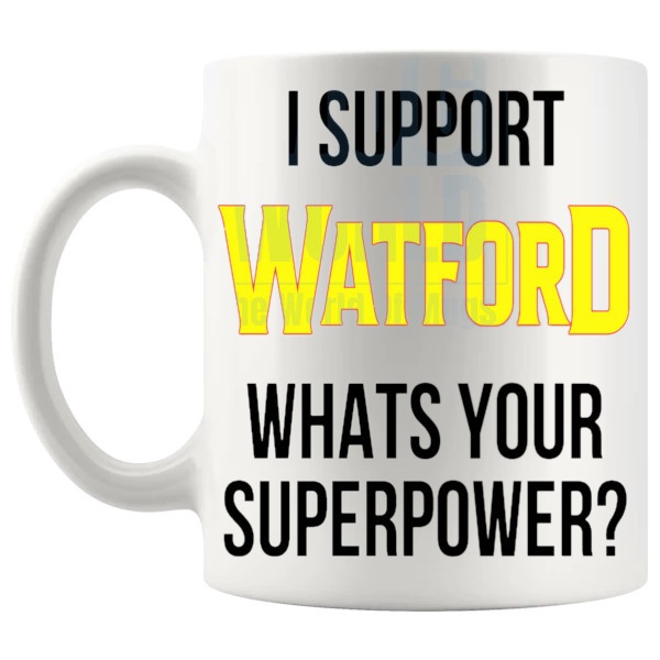 Watford Fans Superpower Mug unofficial football supporter gift for Watford fans shown with handle on the left