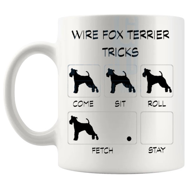 Wire Fox Terrier Tricks Mug funny dog breed gift for Wire Fox Terrier owners shown with handle on the left