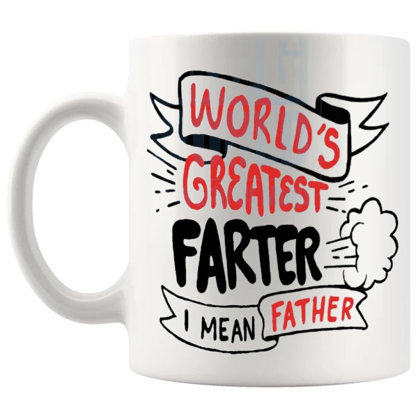 World's Greatest Farter Mug funny fart joke dad gift shown with handle on the left