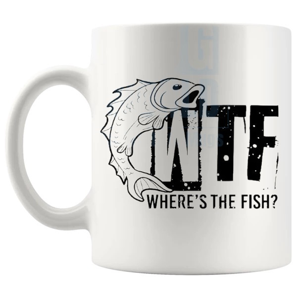 Where's The Fish Mug In Black funny fishing gift shown with handle on the left