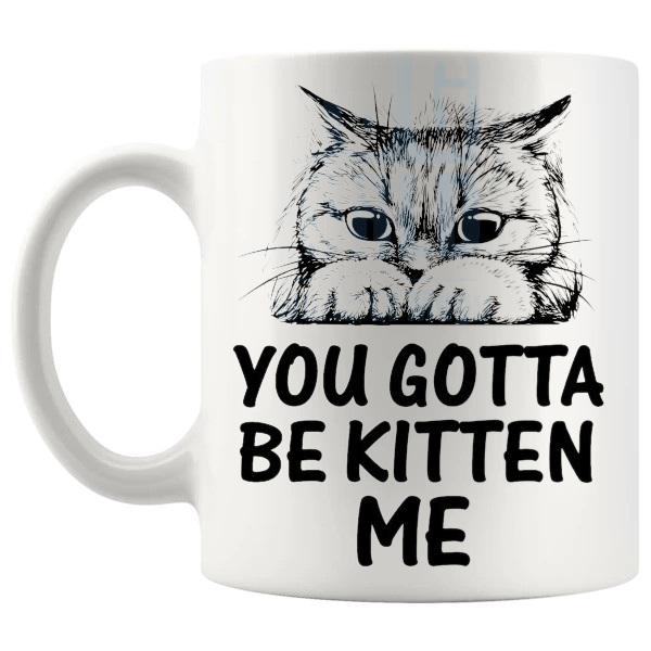 You Gotta Be Kitten Me Mug funny cat pun gift shown with handle on the left